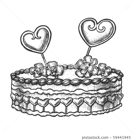 Cake Decorated Hearts And Creamy Flower Ink Vector 59441945