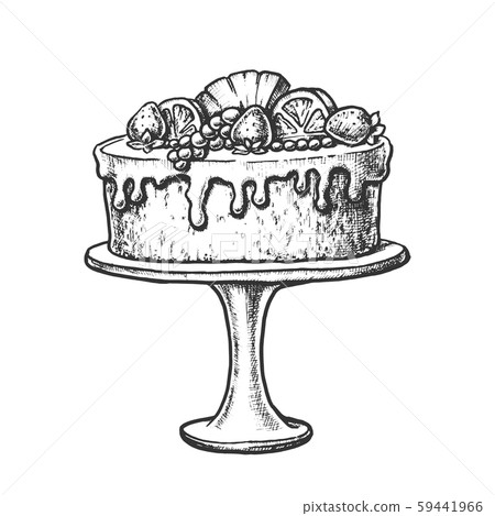 Delicious Cake Decorated With Fruits Ink Vector 59441966