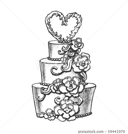 Cake Decorated Flowers And Heart On Top Ink Vector 59441970
