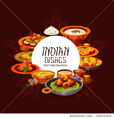 Indian dishes with rice, meat curry and veggies Indian dishes with rice, meat curry and veggies 59442004