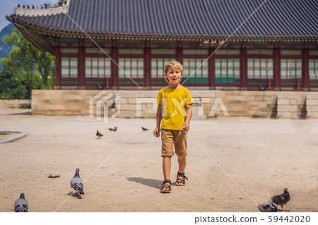 Boy tourist in Korea. Gyeongbokgung Palace grounds in Seoul, South Korea. Travel to Korea concept Boy tourist in Korea. Gyeongbokgung Palace grounds in Seoul, South Korea. Travel to Korea concept 59442020