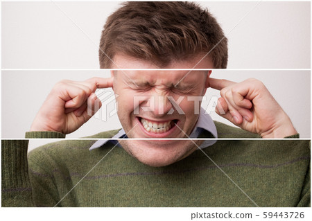 Triptych of stressed young man closing ears 59443726