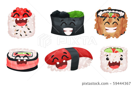 Smiling and Laughing Maki Vector Set. Traditional Japanese Food Collection Smiling and Laughing Maki Vector Set. Traditional Japanese Food Collection 59444367