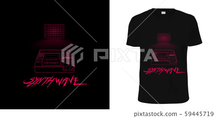 Synthwave. Stylish t-shirt and apparel retro design with pink contour TV with glowing screen and 59445719