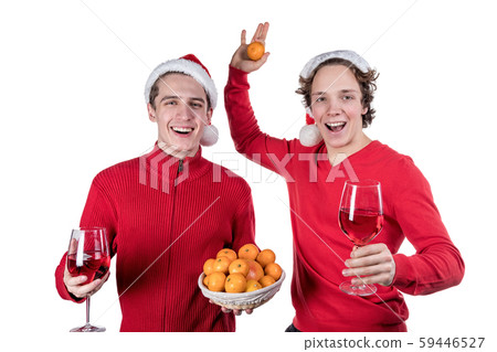 Two funny young men celebrating christmas isolated 59446527