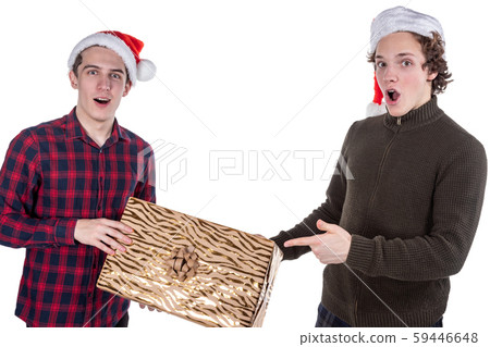 Two funny young men celebrating christmas isolated 59446648