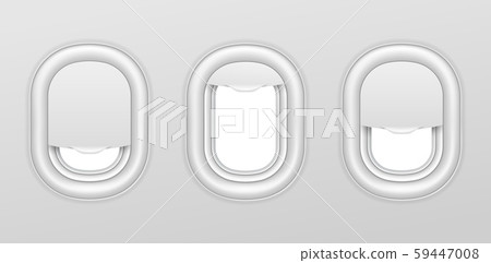 Airplane windows. Aircraft interior with transparent portholes. Realistic airplanes illuminators 59447008