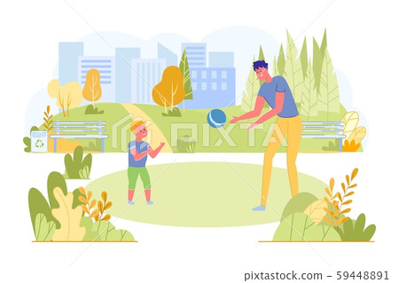 Father Playing in Ball with Son in Park Flat. 59448891