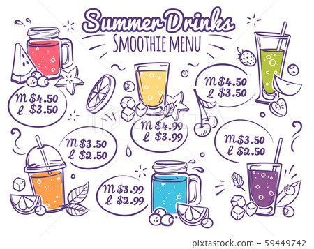 Smoothie menu. Fruit drinks, colorful organic cocktail juices with berries. Detox diet with 59449742