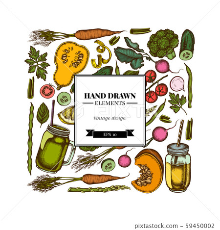 Square design with colored lemons, broccoli, radish, green beans, cherry tomatoes, beet, greenery 59450002