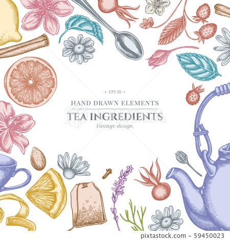 Design with pastel cinnamon, lemons, oranges, tea bag, sugar cubes, heather, chamomile, dog rose 59450023
