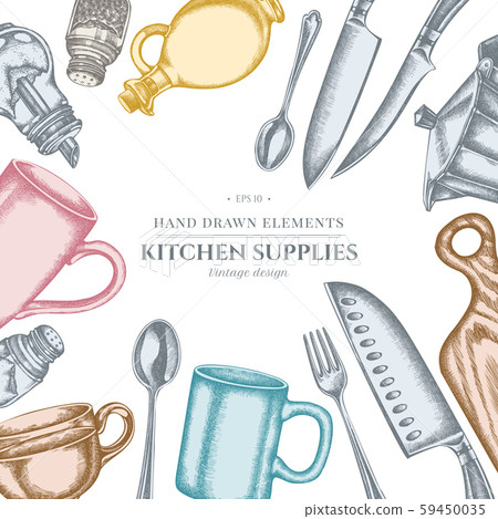 Design with pastel Chef s knifes, teaspoon, spoon, fork, knife, cutting board, bottle of oil 59450035