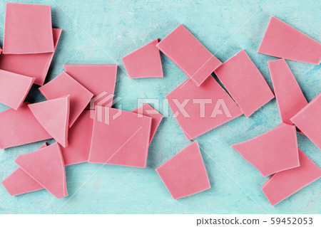 Ruby chocolate, shot from above on a blue background Ruby chocolate, shot from above on a blue background 59452053