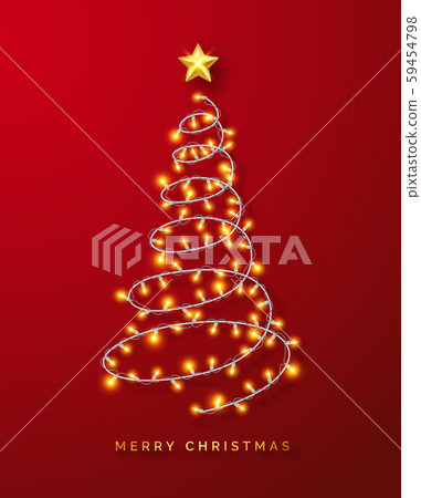 Glowing Christmas lights wreath on red background. New Year holiday greeting card. Christmas tree 59454798