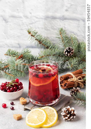 Cranberry juice with lemon and cane sugar. Winter hot drink. Copy space 59454857