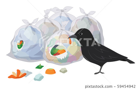 一隻烏鴉在垃圾存儲區中丟垃圾袋的插圖 一隻烏鴉在垃圾存儲區中丟垃圾袋的插圖 59454942