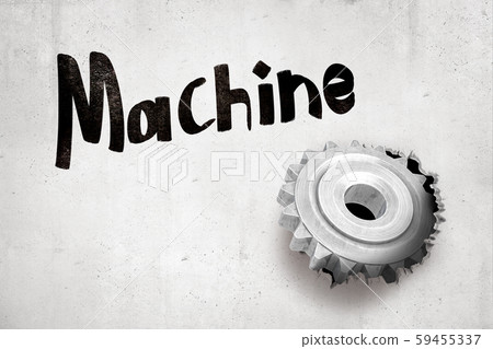 3d rendering of concrete wall with title 'Machine' and metal cog wheel that has broken hole in the 3d rendering of concrete wall with title 'Machine' and metal cog wheel that has broken hole in the 59455337