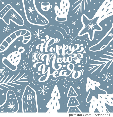 Happy New Year calligraphic lettering hand written vector text. Greeting card design with floral Happy New Year calligraphic lettering hand written vector text. Greeting card design with floral 59455561