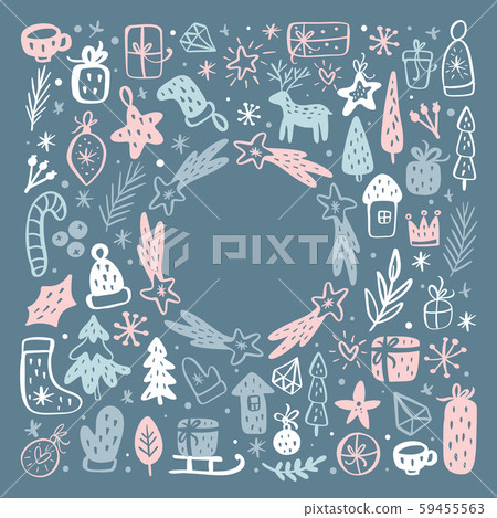 Christmas background with xmas gifts, caps, hats and other elements. Vector template for greeting 59455563