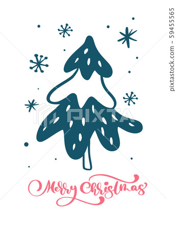 Red Merry Christmas vector scandinavian calligraphic vintage text with Christmas tree and snowflakes Red Merry Christmas vector scandinavian calligraphic vintage text with Christmas tree and snowflakes 59455565