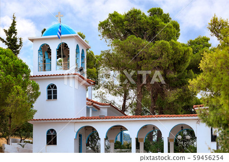 Exterior of the traditional white-blue Greek bell 59456254