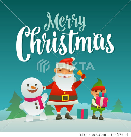 Santa claus, snowman and elf with gift. Flat vector illustration 59457534