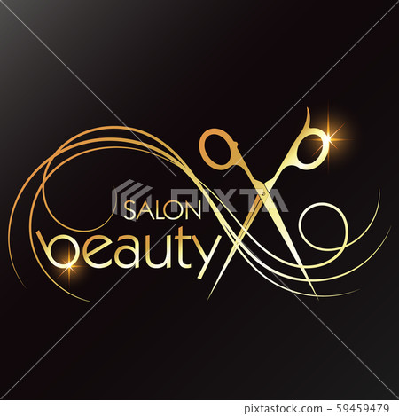 Gold scissors and curls of hair for a beauty salon 59459479