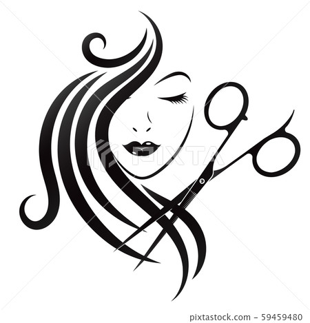 Girls face with curls of hair and scissors 59459480