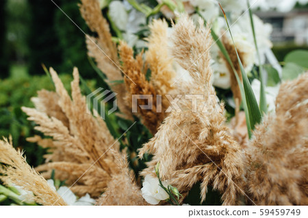 Arch for the wedding ceremony, decorated with cloth and flowers Arch for the wedding ceremony, decorated with cloth and flowers 59459749