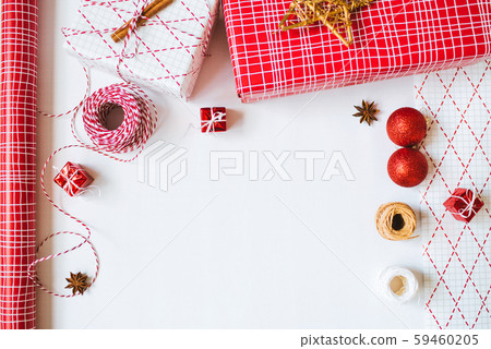 Flatlay with wrapping presents for holidays. Flatlay with wrapping presents for holidays. 59460205