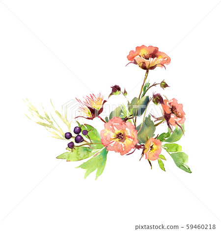 Wedding bridal romanric rustic warm bouquet. Hand drawing watercolor pink and purple and orange Wedding bridal romanric rustic warm bouquet. Hand drawing watercolor pink and purple and orange 59460218