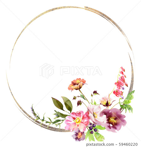 Wedding frame wreath bridal romanric rustic warm bouquet. Hand drawing watercolor pink and purple 59460220