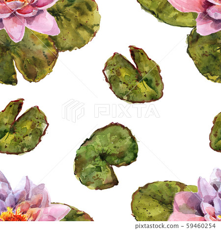 Water lily leaves and flowers bouquet. Hand drawing watercolor pink and purple and green flowers 59460254