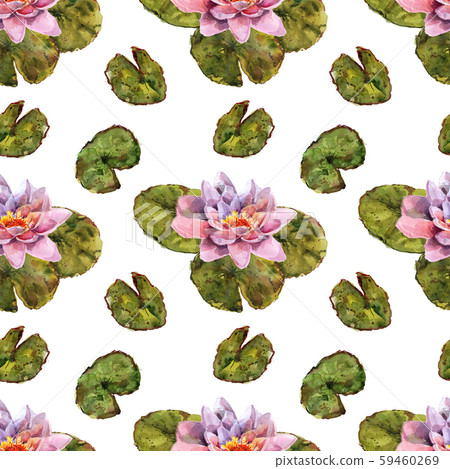 Water lily leaves and flowers bouquet. Hand drawing watercolor pink and purple and green flowers 59460269