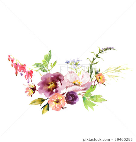 Wedding bridal romanric rustic warm bouquet. Hand drawing watercolor pink and purple and orange 59460295
