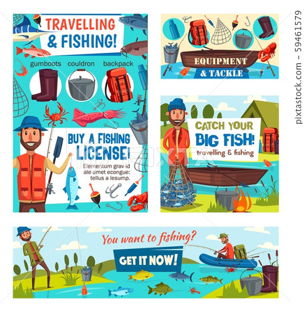 Fishermen with fish, fishing tackle and equipment 59461579
