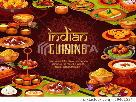 Indian dishes of meat, rice, vegetables, seafood 59461584