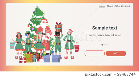 santa claus with mix race elves standing together near decorated fir tree with gift boxes merry santa claus with mix race elves standing together near decorated fir tree with gift boxes merry 59465744