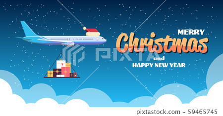 airplane with red santa hat flying with colorful gift present boxes merry christmas happy new year 59465745
