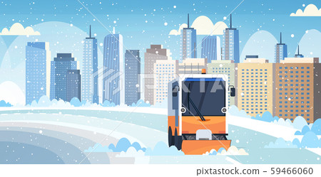 snow plow truck cleaning city road afrer snowfall winter snow removal concept modern cityscape 59466060