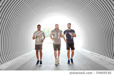 young men or male friends running outdoors 59469598