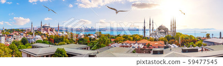 The Blue Mosque, The Hagia Sophia and the Istanbul roofs, beautiful sunny panorama 59477545