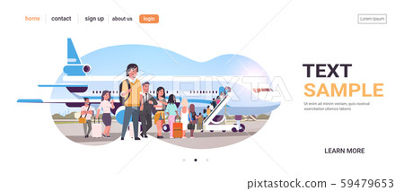 travelers with luggage standing line queue going to plane passengers climbing the ladder to board 59479653