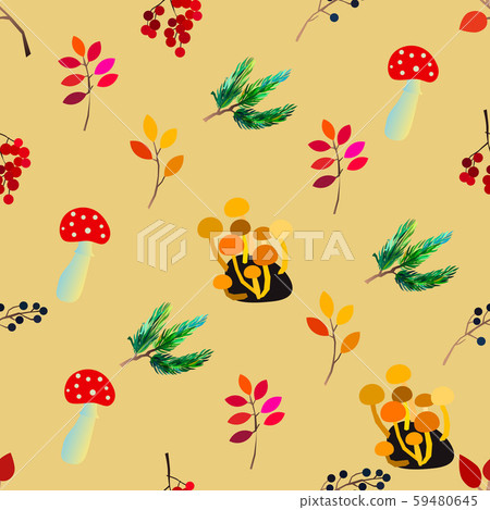 Autumn seamless pattern with berries, acorns, pine cone, mushrooms, branches and leaves. 59480645