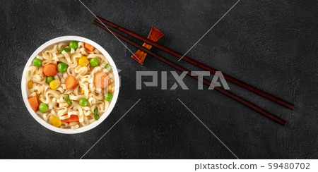 Ramen cup panorama, instant noodles in a plastic cup, overhead flat lay shot with chopsticks and Ramen cup panorama, instant noodles in a plastic cup, overhead flat lay shot with chopsticks and 59480702
