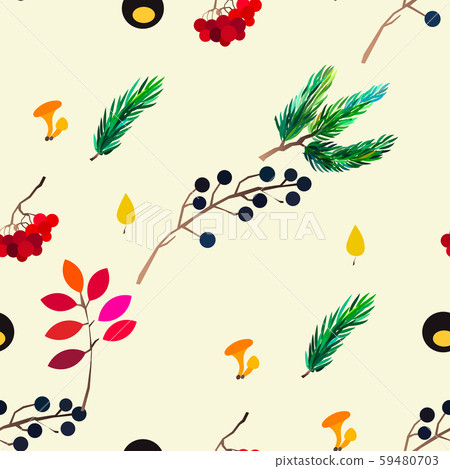 Autumn vector seamless pattern with berries, acorns, pine cone, mushrooms, branches and leaves. Autumn vector seamless pattern with berries, acorns, pine cone, mushrooms, branches and leaves. 59480703