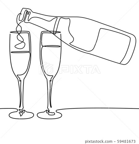 Continuous line drawing. Bottle and glasses of champagne wine. Vector illustration. 59481673