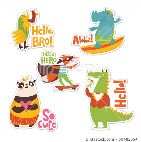 Five stickers with cool cartoon animals and lettering. Five stickers with cool cartoon animals and lettering. 59482354