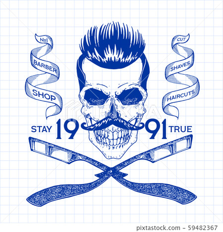 Vintage, hipster skull barbershop logo in old style, vector. Vintage, hipster skull barbershop logo in old style, vector. 59482367