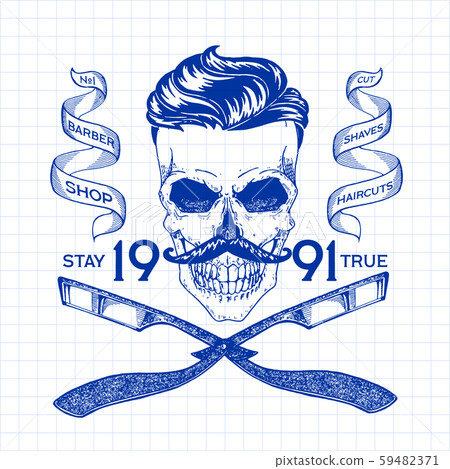Vintage, hipster skull barbershop logo in old style, vector. 59482371